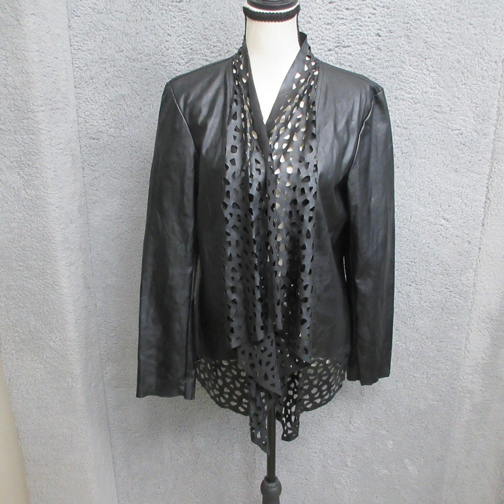 AMI Faux Leather Laser Cut Waterfall Jacket M Black Boho Western Rustic Eclectic